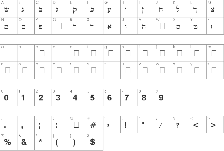 Mendel Siddur font character map preview