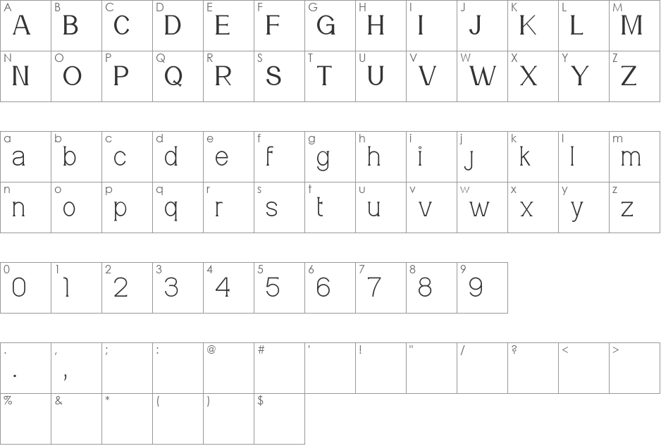 Meridian font character map preview