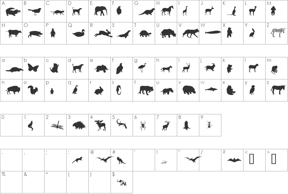 Mers Animals font character map preview