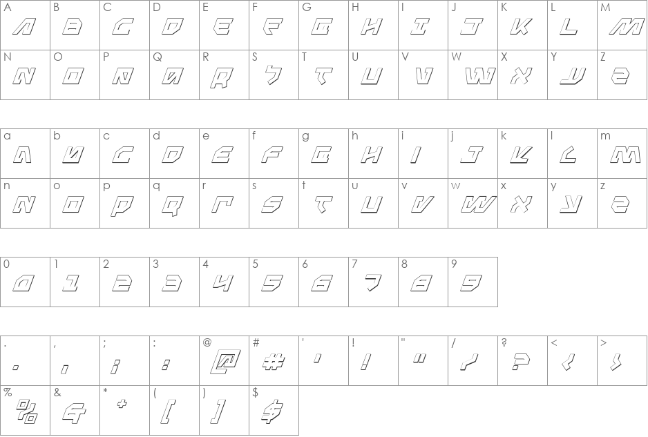 Metal Storm 3D Italic font character map preview