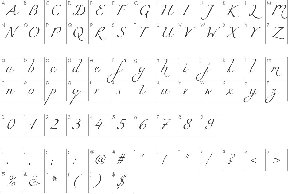 Miama Nueva font character map preview
