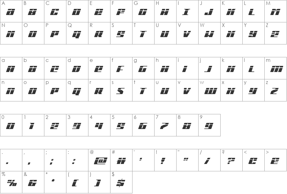 Michigan Condensed Laser Italic font character map preview