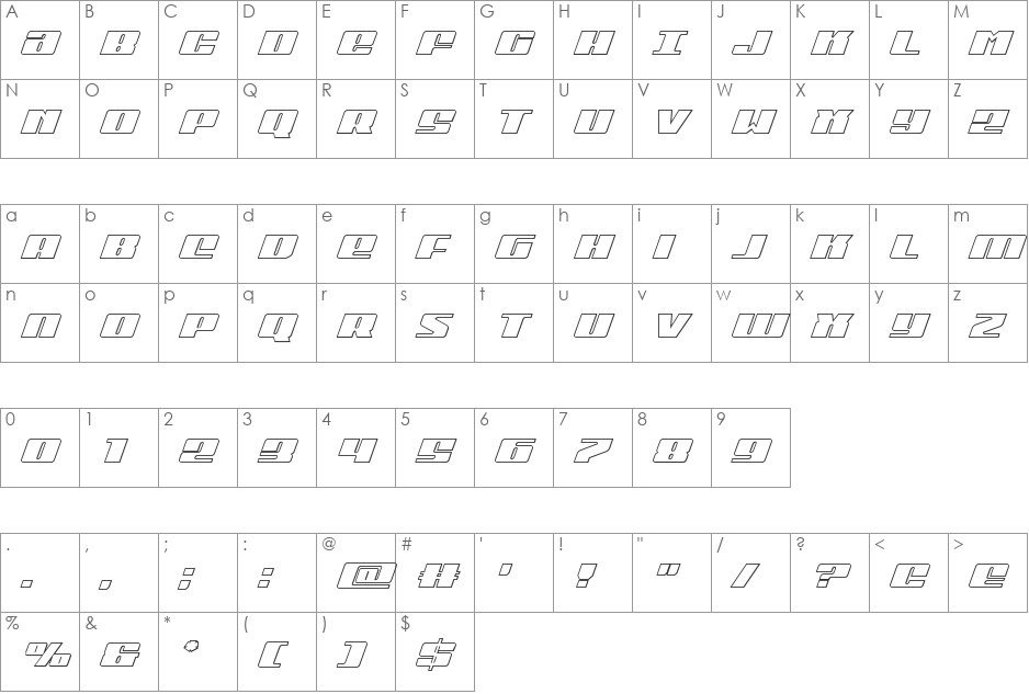 Michigan Outline Italic font character map preview