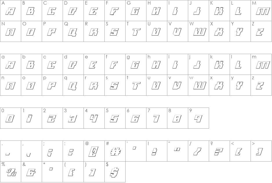 Micronian 3D Italic font character map preview