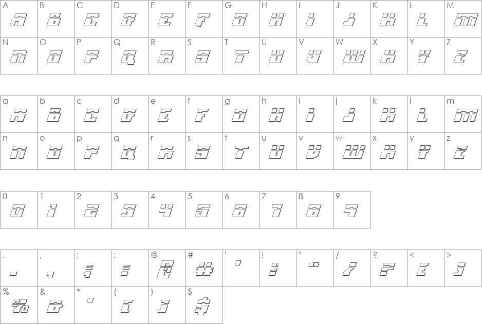 Micronian Laser 3D Italic font character map preview