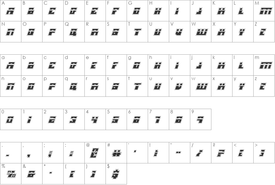 Micronian Laser Academy Italic font character map preview