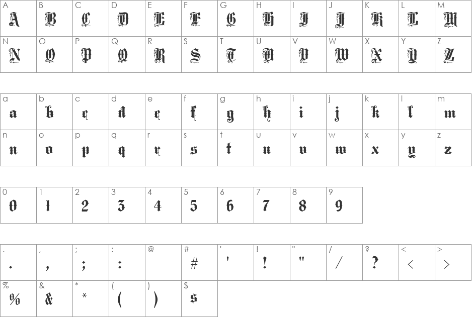 Middlesex font character map preview