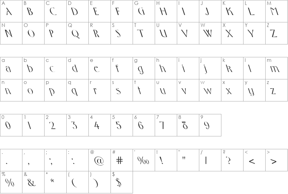 Middleton-Lefty font character map preview
