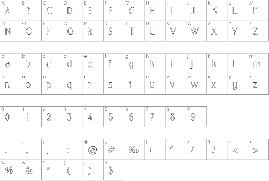 Middleton-Light Hollow font character map preview