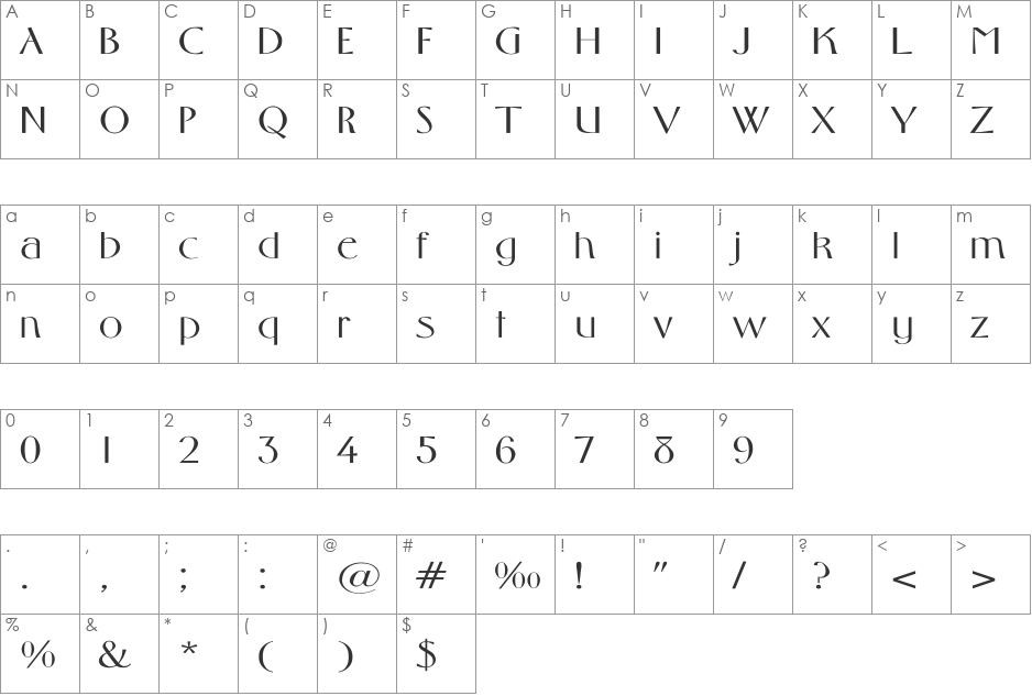 Middleton-Light Wd font character map preview