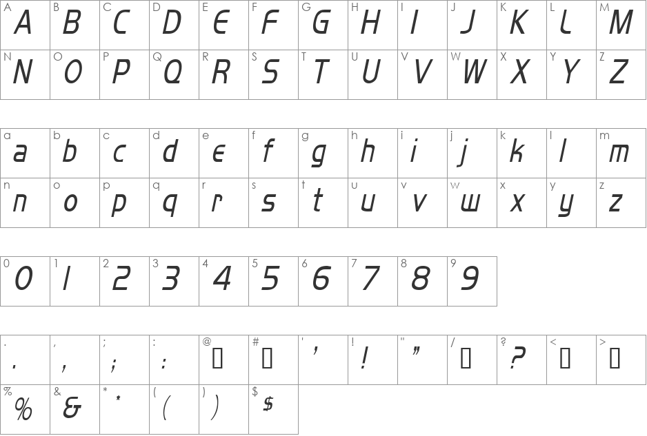 MikityCondensed font character map preview