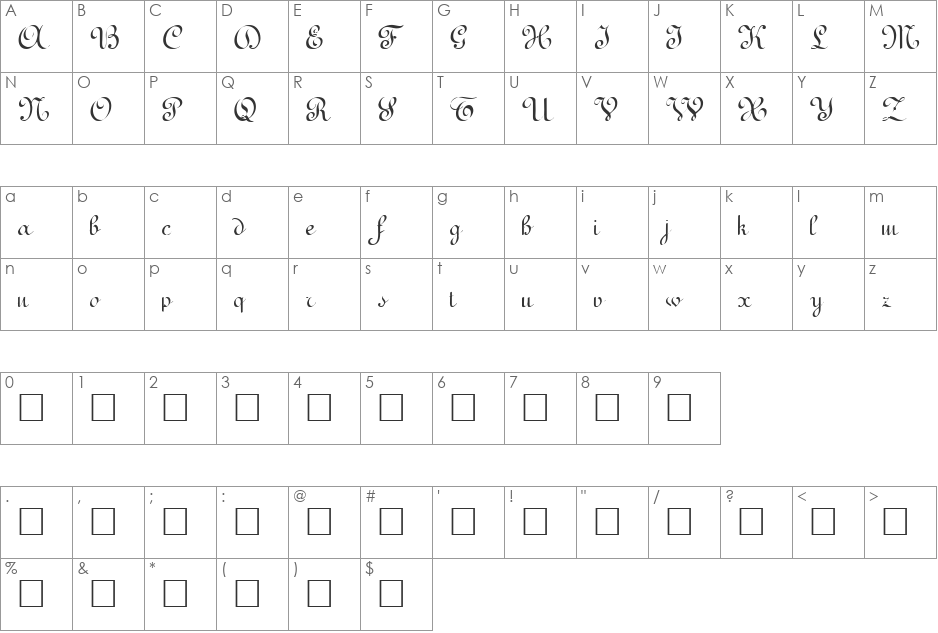 Milady font character map preview