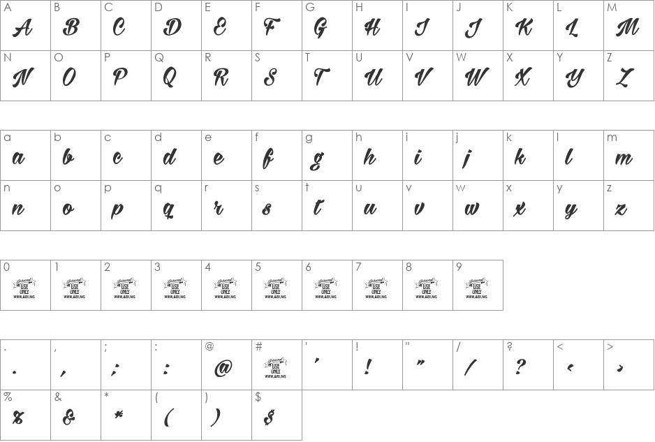 Milasian Thin PERSONAL font character map preview