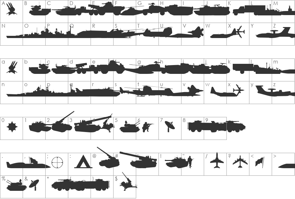 Military RPG font character map preview