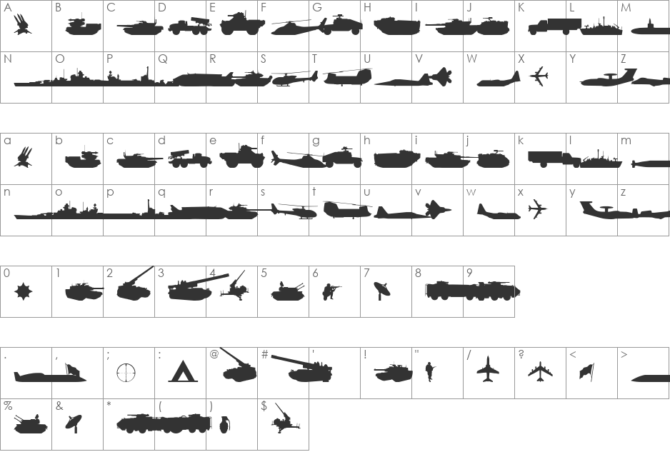 Military RPG font character map preview