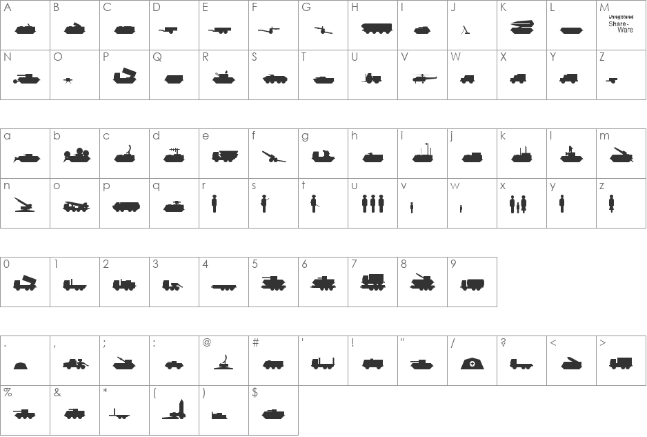 Milpics font character map preview