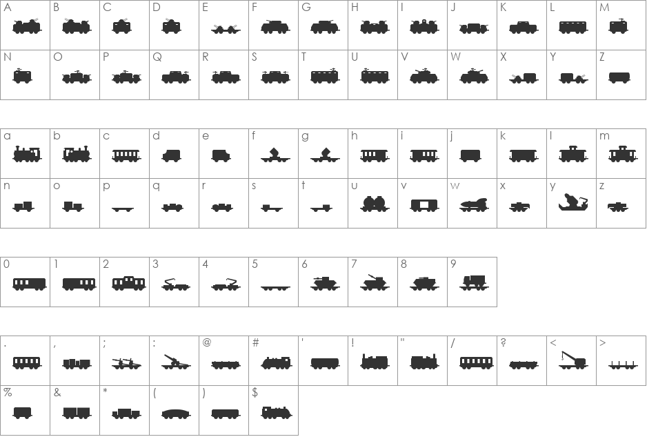 Miltrain font character map preview
