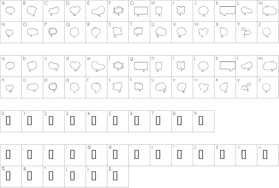 Mini Pics Balloonies font character map preview