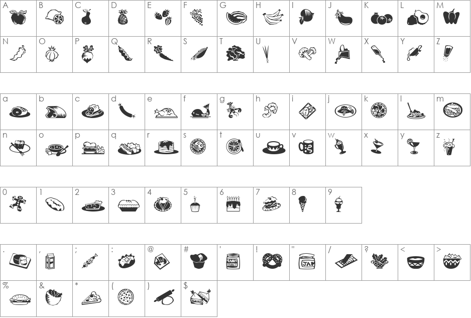 Mini Pics Lil Edibles font character map preview