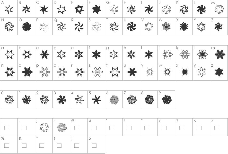 MiniPics-Snowflakes font character map preview