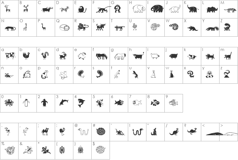 MiniPicsLilCritters font character map preview