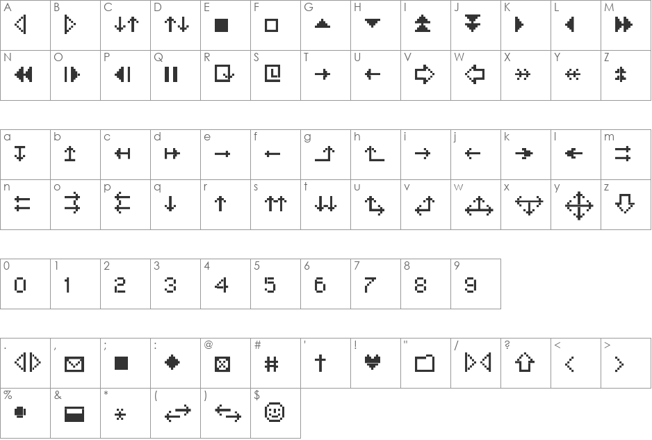 MiniStrzalki font character map preview