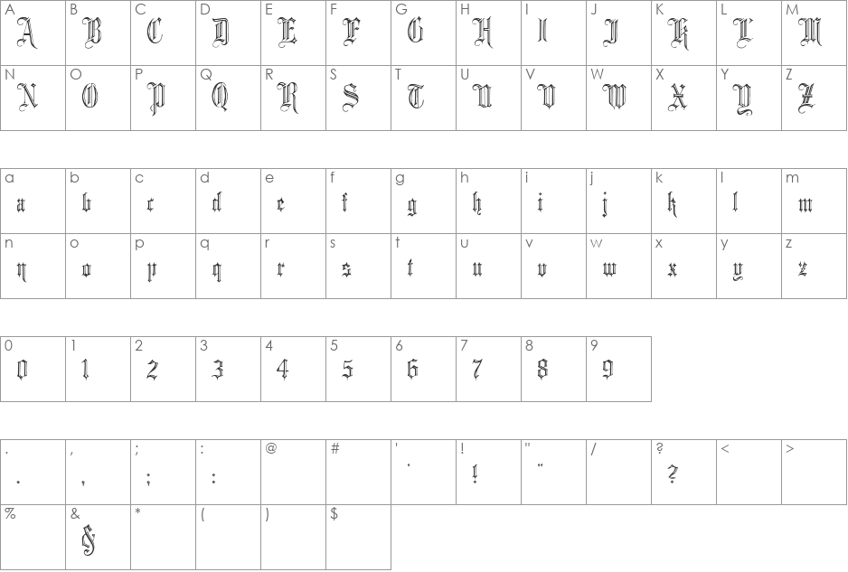 Minster No 2 font character map preview