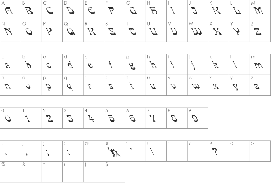 Mira lefty font character map preview