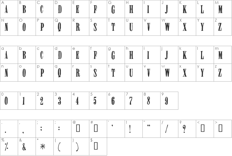 Miserable font character map preview