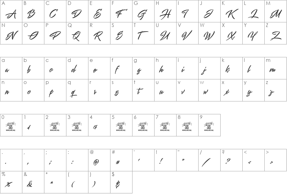 Mistuki 4 PERSONAL USE font character map preview