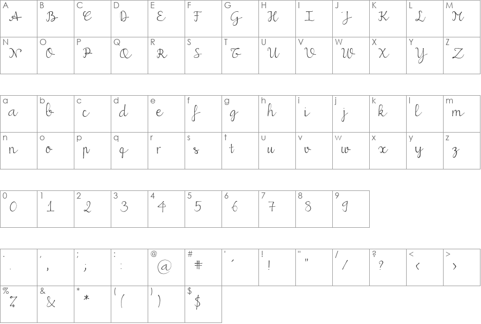 MiuScript font character map preview