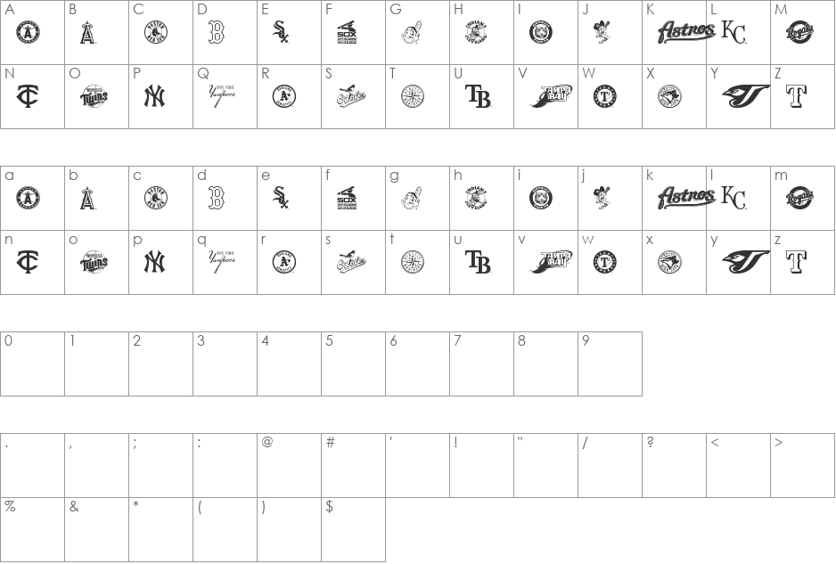 MLB AL font character map preview