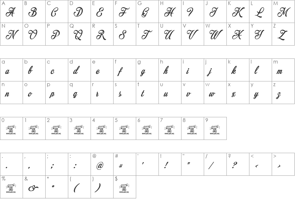 Mochary PERSONAL USE ONLY font character map preview