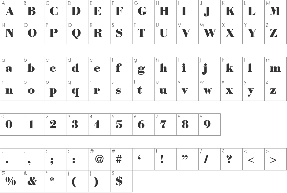 ModernBodoniHeavy font character map preview