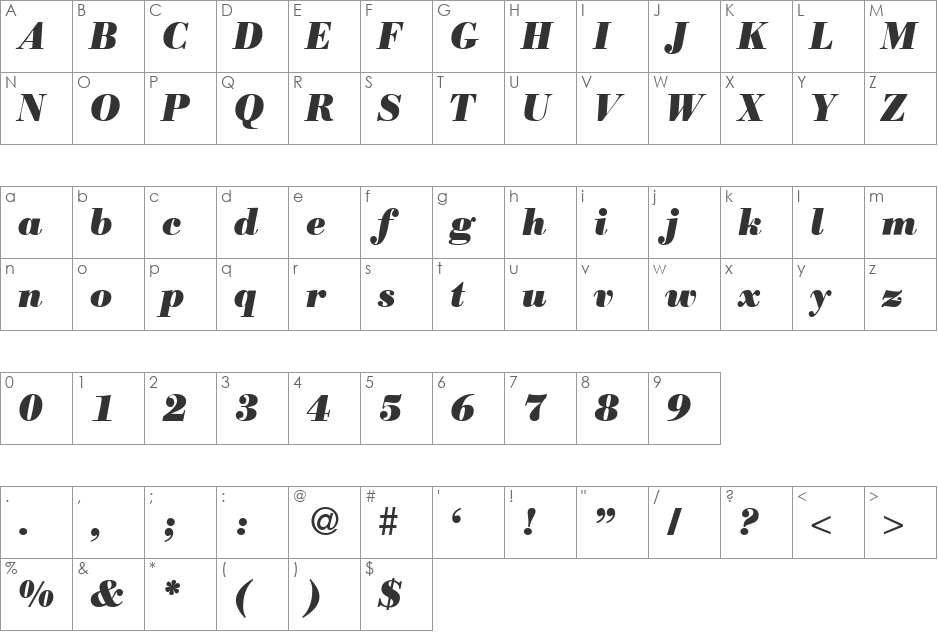 ModernBodoniHeavy font character map preview