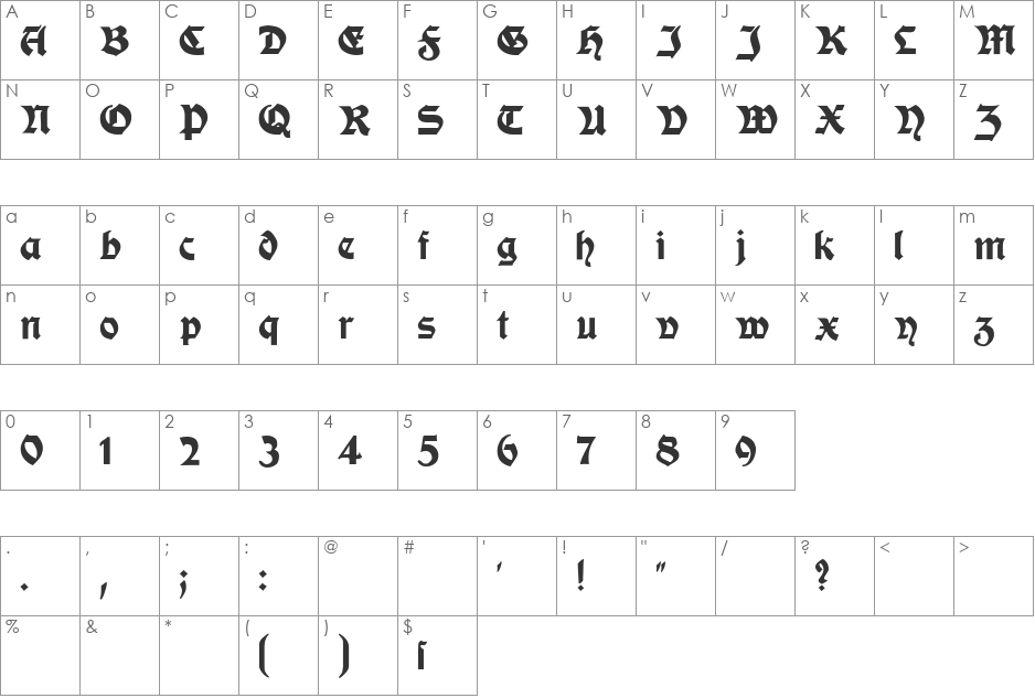 ModerneSchwabacher font character map preview