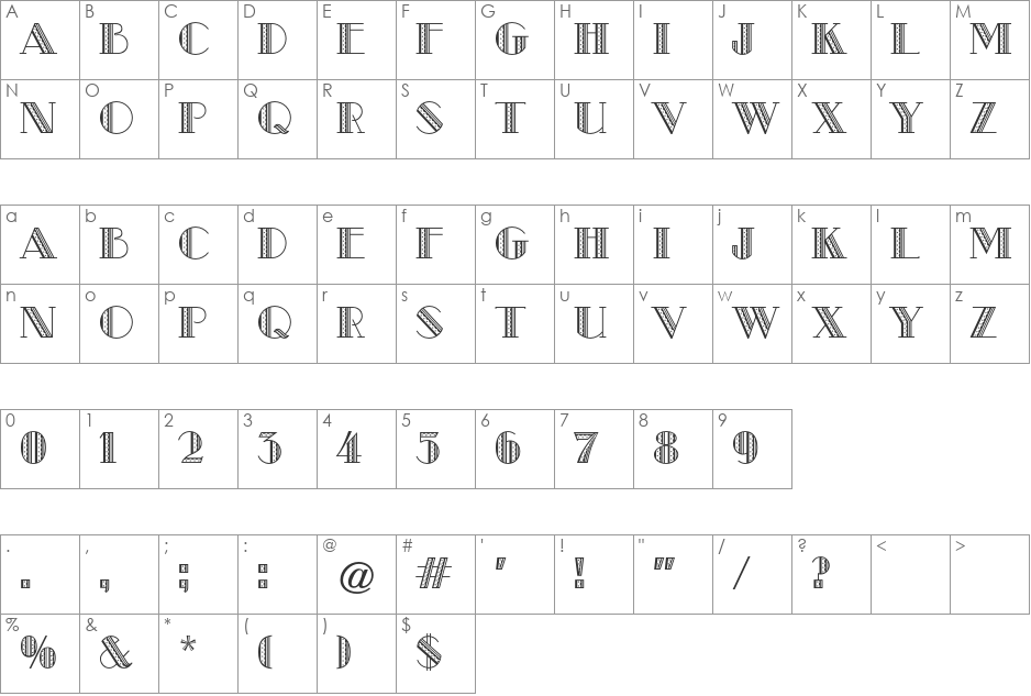 Modernistic CG font character map preview