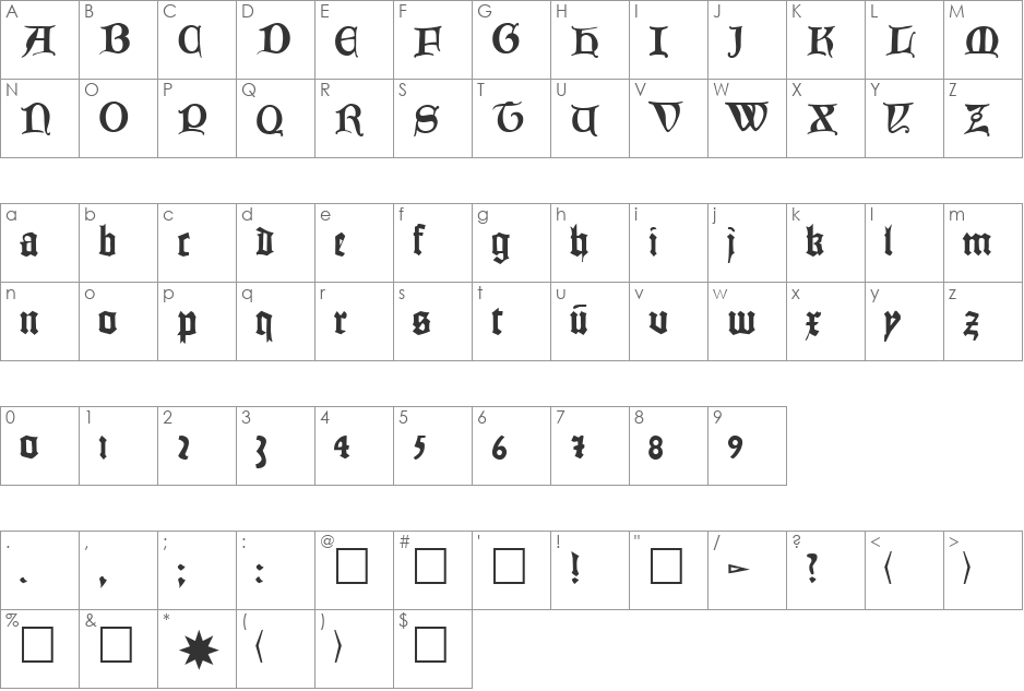 Monarch font character map preview