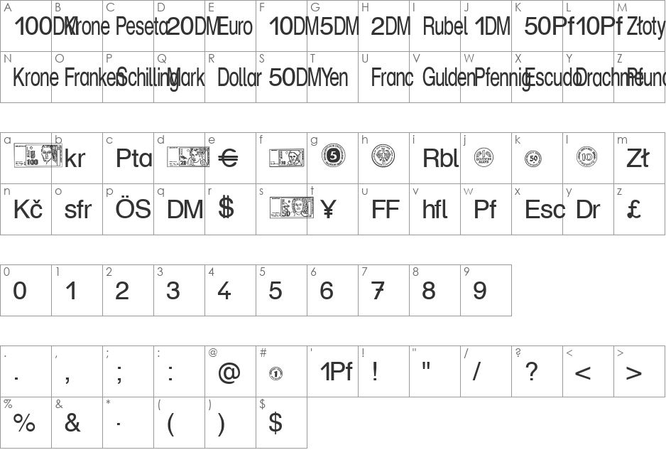 Money Becker font character map preview