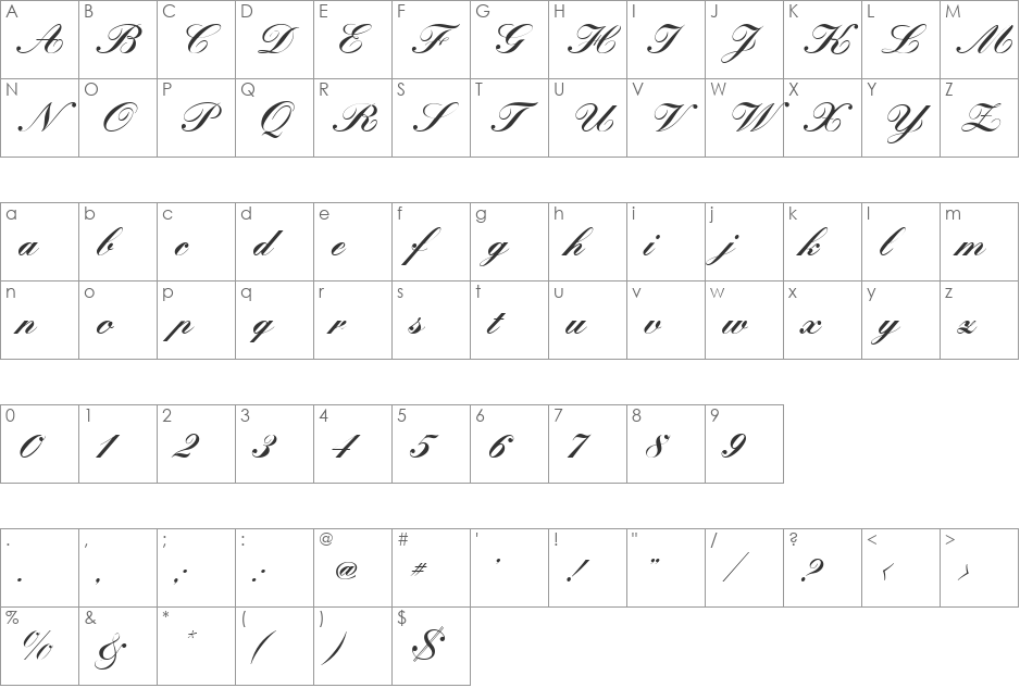 Monica font character map preview