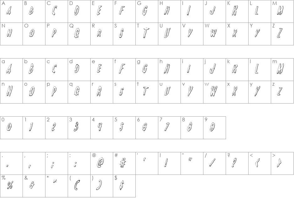 Monsterama 3D Italic font character map preview