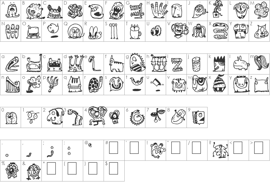 Monsterocity font character map preview