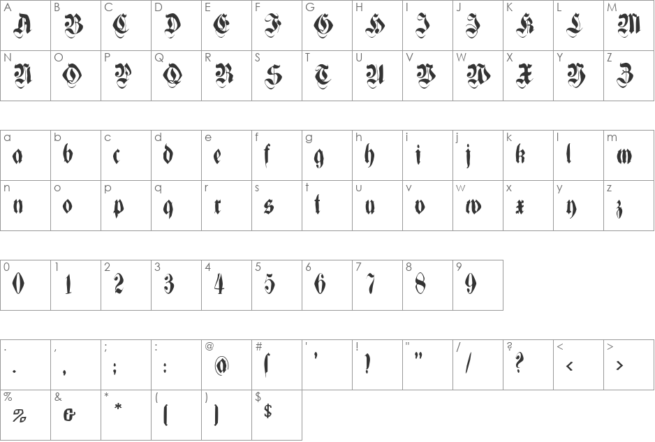 MorbusParcinsonFraxx font character map preview