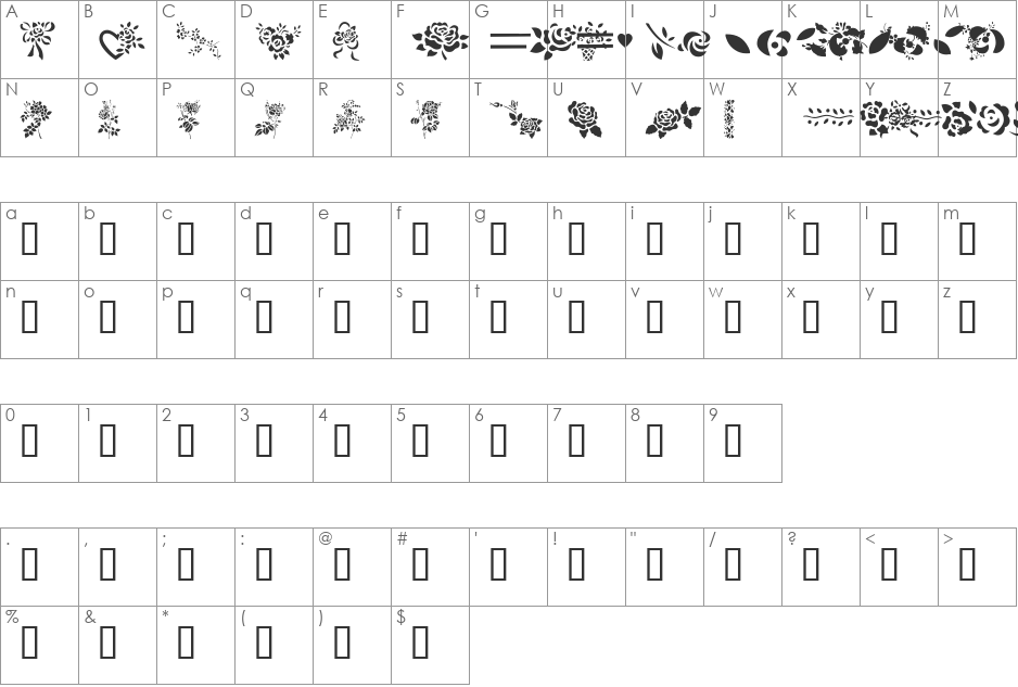 More Roses! font character map preview