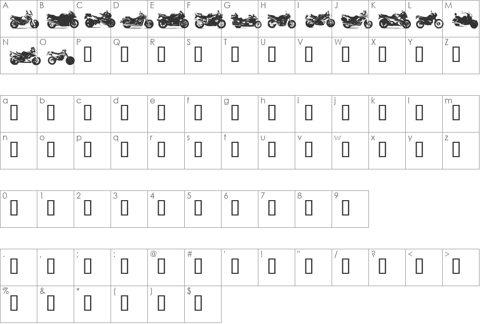 MotorBikez font character map preview