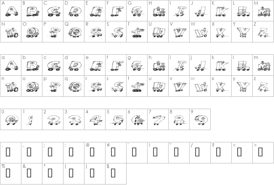 Motoring font character map preview