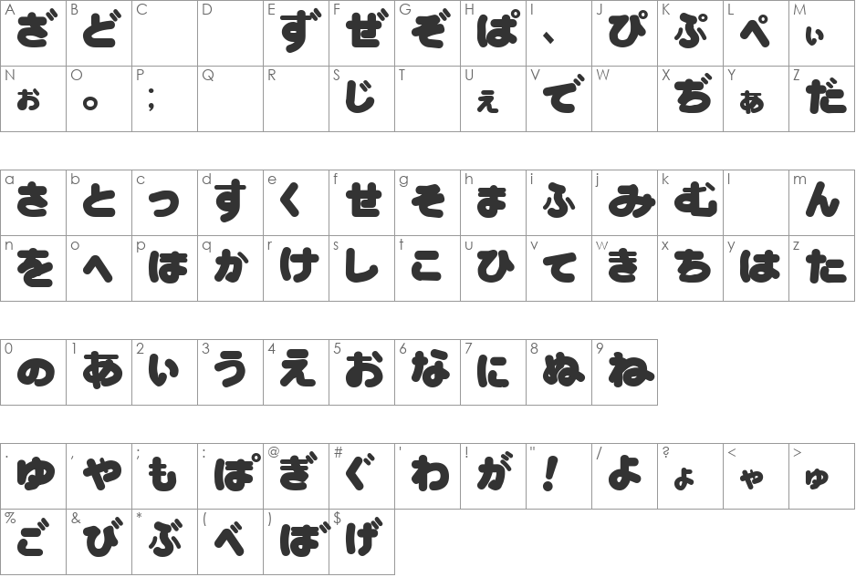 Mottley Horney Hiragana font character map preview