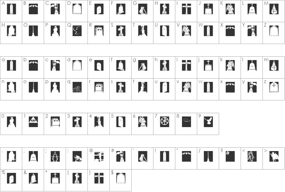 MourningTrauerInverse font character map preview