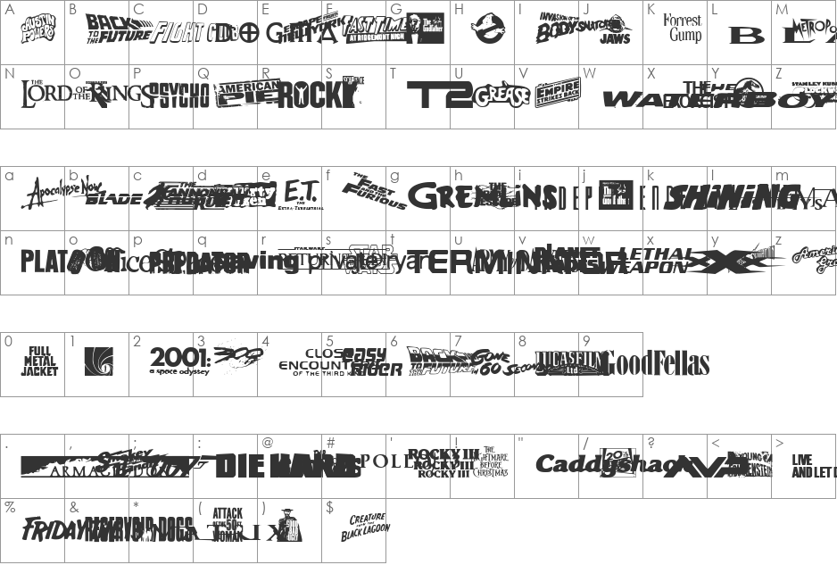 Movie Gallery font character map preview