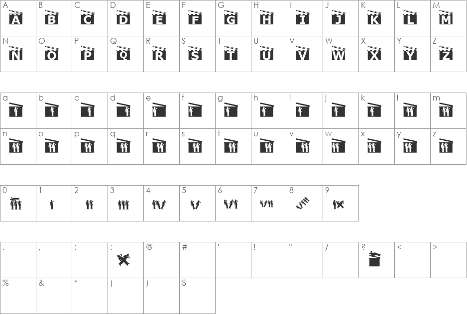 Movieboards font character map preview